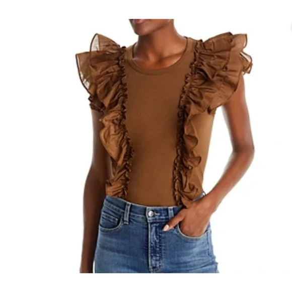 Veronica Beard Bardot Cotton Ruffle Tee Mushroom - Picture 1 of 6